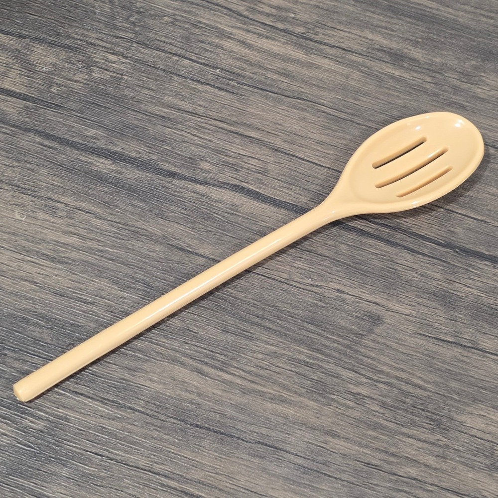 Vintage Almond Tan Melamine Slotted Spoon Long Handle Kitchen Serving Utensil
